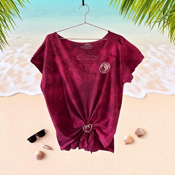 T&C Surf Shop Tee VW Van Beach Scene distressed XL Burgundy Tie-Dye Short Sleeve - Picture 5 of 7